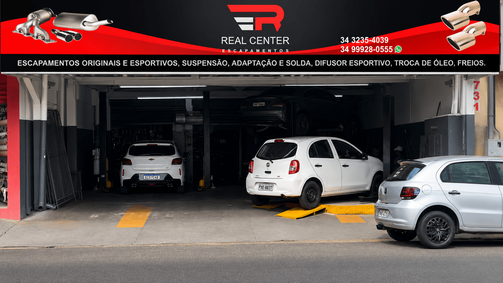Frente da loja Real Center Escapamentos — Av. Fernando Vilela, 731, Martins, Uberlândia/MG